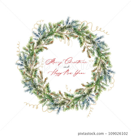 Watercolor wreath of fir branches with text Merry Christmas 109026102