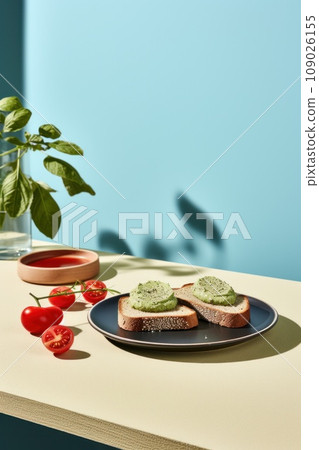 Two slices of whole wheat toast with avocado spread, sliced tomatoes, and a poached egg. 109026155