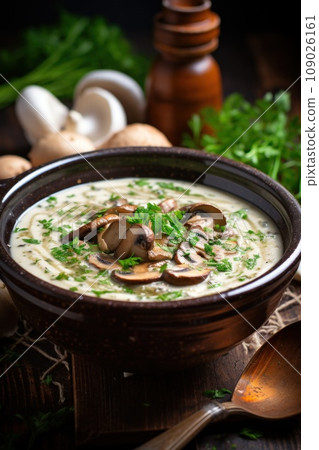 A rich mushroom soup with earthy shiitake mushrooms and a swirl of cream for added decadence 109026161