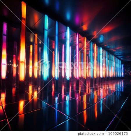 retro-inspired neon light pattern, featuring bright and bold colors against a dark background 109026173