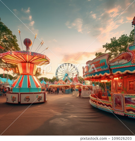 excitement of carnival rides against a vibrant background 109026203