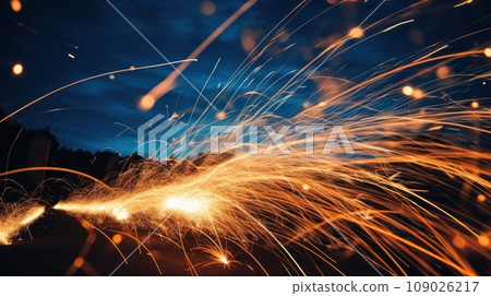 An artistic photo of fireworks with a long exposure, creating a beautiful trail of lights in the sky. 109026217