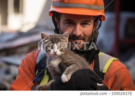 A rescuer holds a kitten 109026378