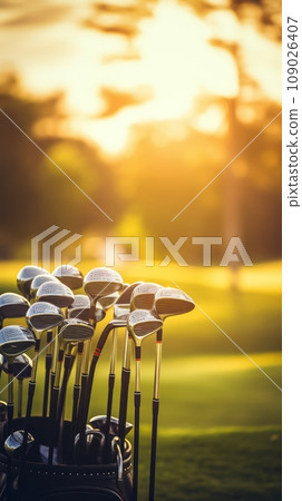 Golf clubs on the background of green golf course 109026407