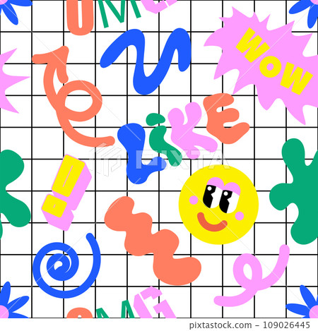 90 Cool Sticker Collage Pattern. Neon Color Print with Retro Millennium Style Patches. Cartoon Fun Smile Faces, y2k Style Vector Illustration. Funky art for T-Shirts, Wallpaper. 109026445