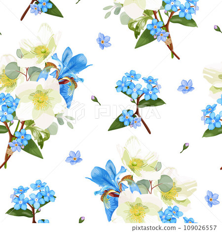 Seamless pattern with wildflowers. Blue iris, forget-me-not and anemone. 109026557
