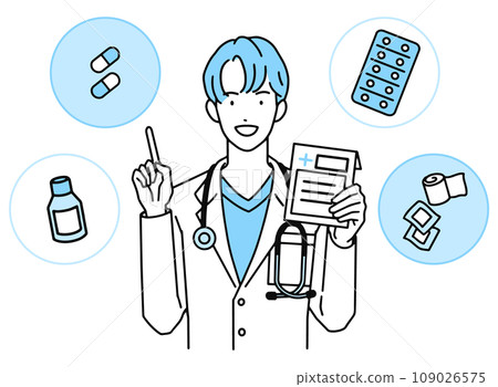 Male doctor explaining medicine/Doctor holding medicine in hand and pointing 109026575