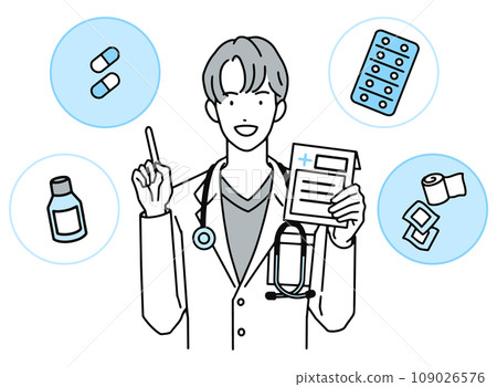 Male doctor explaining medicine/Doctor holding medicine in hand and pointing 109026576