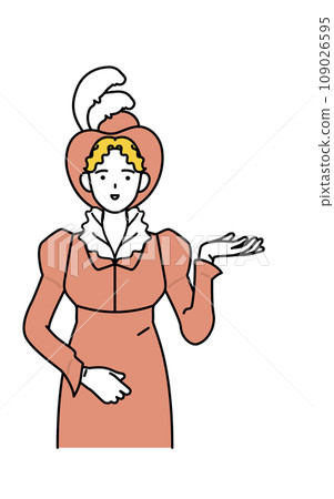 A 19th century aristocratic woman pointing her right hand with her palm 109026595
