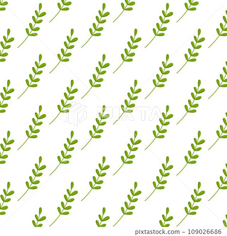 Floral seamless pattern in cartoon style. Branch with leaves texture. Spring garden textured background. Vector illustration. 109026686
