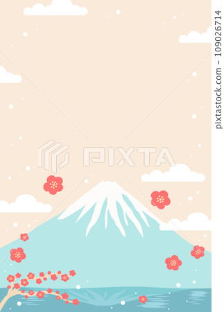 New Year's card background material, Mt. Fuji and plum blossom background beige vertical size 109026714