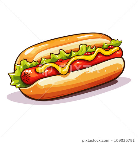 Hotdog with mustard and greenery. Cartoon style. Vector illustration. Hotdog with mustard and greenery. Cartoon style. Vector illustration. 109026791