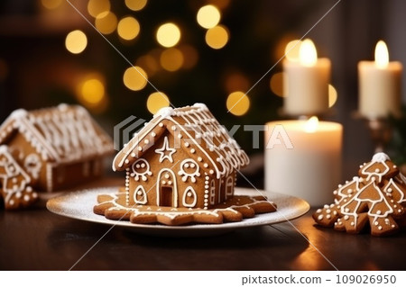 Gingerbread house on table. Defocused lights of Christmas garland. Evening in the living room. Holiday mood.  109026950