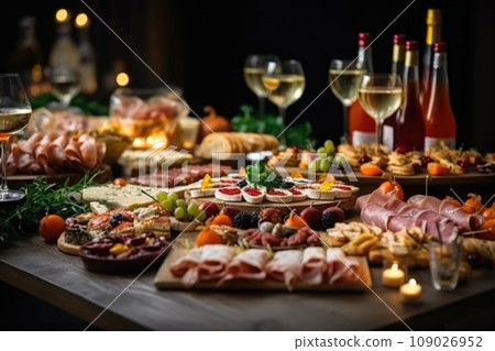 Light snacks in a plate on a buffet table. Assorted mini canapes, delicacies and snacks, restaurant food at event. A gala reception. Decorated delicious table for a party goodies. Light snacks in a plate on a buffet table. Assorted mini canapes, delicacies and snacks, restaurant food at event. A gala reception. Decorated delicious table for a party goodies. 109026952