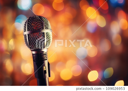 Close up of microphone in concert hall with blurred lights at background. Garland lamps or flashlights in a blurry bokeh. 109026953