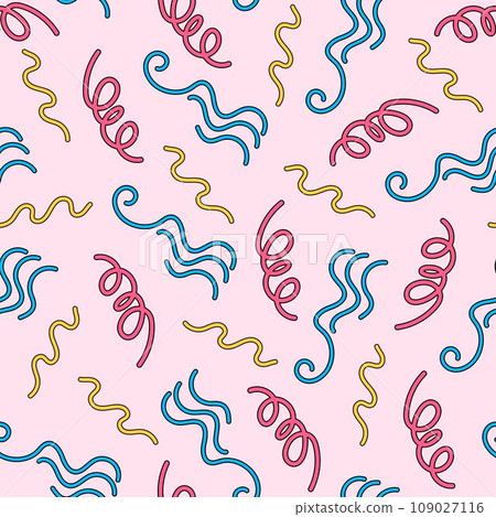 Fun colorful line seamless pattern in doodle style. Trendy design with basic shapes. Abstract squiggle style drawing background for design with basic shapes. Wallpaper print. Vector illustration. 109027116
