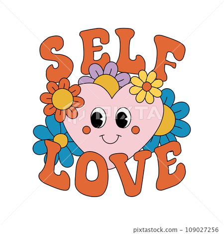 Vector retro groovy heart with self love lettering 109027256