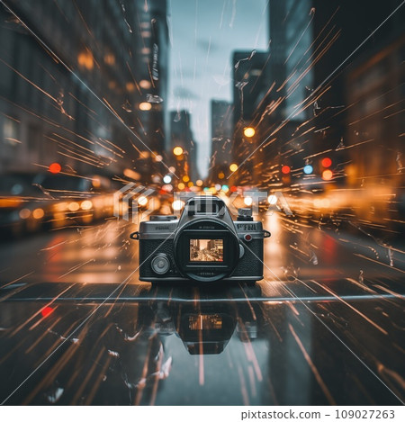 The concept of stopping time through photography. Camera shooting on the street timelapse photo.Ai Generated The concept of stopping time through photography. Camera shooting on the street timelapse photo.Ai Generated 109027263