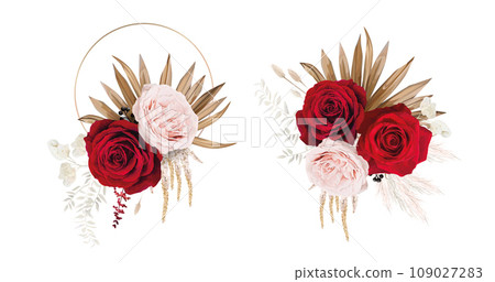 Elegant floral bouquet element. Red, light pink English roses, astilbe, dry palm leaves, lagurus, white leaves branch bouquet, composition. Editable, watercolor illustration, isolated white background 109027283