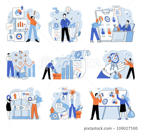 Business development. Vector illustration. Business Concept illustrations simplify complex concepts Men and women actively engage in various business activities Collaboration within diverse groups 109027500