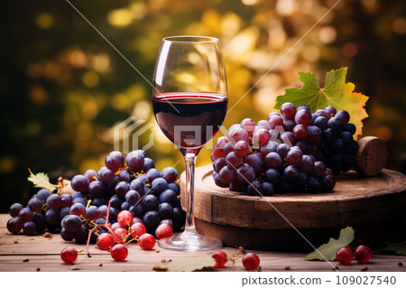 Glass of wine against the backdrop of a vineyard 109027540