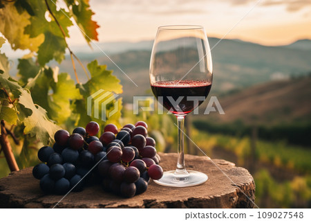 Glass of wine against the backdrop of a vineyard 109027548