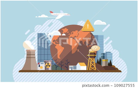 Industrial pollution. Dirty waste. Environmental pollution. Vector illustration. Smokes with smog are affecting visibility on roads Trash emission is contributing to destruction natural habitats 109027555