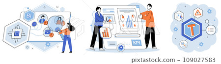Analysis tool. Business intelligence. Vector illustration Information management is vital for efficient datorganization The report summarizes key findings research Graphs and charts help visualize 109027583