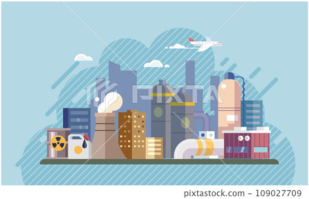 Industrial pollution. Dirty waste. Environmental pollution. Vector illustration. Air, water, and soil pollution by industrial production is most pressing issue our time Factory emitting smoke needs to 109027709