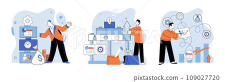 Business development. Vector illustration. Marketing campaigns leverage social mediand digital platforms effectively Team management includes coaching and mentorship for growth Pursuing profession Business development. Vector illustration. Marketing campaigns leverage social mediand digital platforms effectively Team management includes coaching and mentorship for growth Pursuing profession 109027720