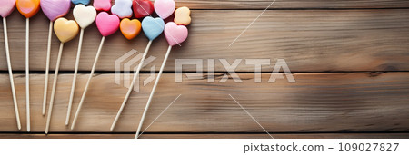 Heart shaped candy lollipop for valentines day on a wooden table. Heart shaped candy lollipop for valentines day on a wooden table. 109027827