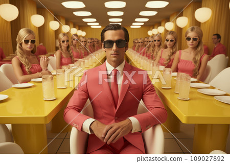 White businessman with sunglasses in a pink classic suit with his female colleagues on a yellow background 109027892