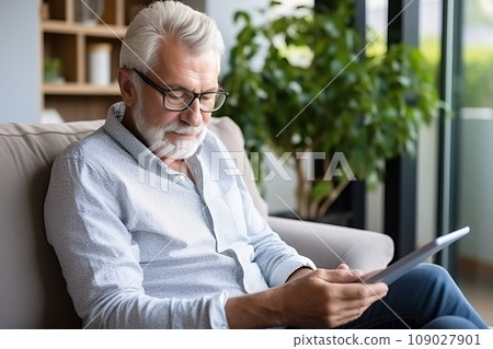 White old man with white hair and beard, in a white shirt, blue jeans, and glasses uses a tablet at home and smiles 109027901