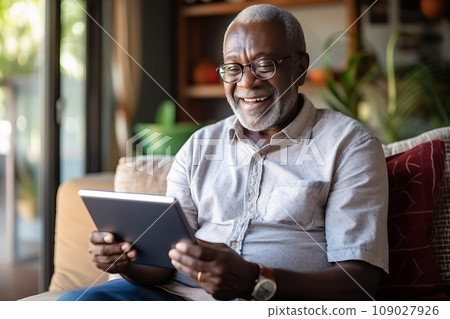 Old man of African descent with white hair and beard in a white shirt, blue jeans, and glasses uses a tablet at home and smiles 109027926