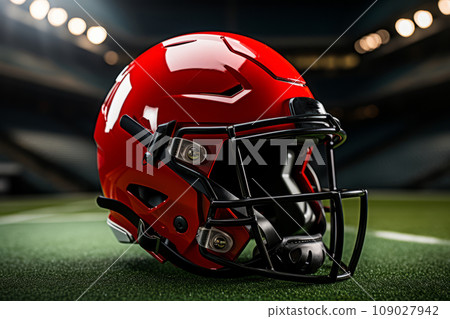 Red American Football Helmet on the Field. 109027942