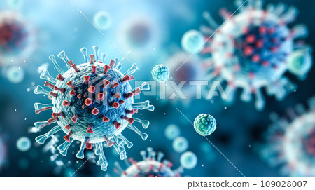 Influenza virus, abstract microbes, bacteria, microorganism cells, pathogen, blue background. Medicine, healthcare Influenza virus, abstract microbes, bacteria, microorganism cells, pathogen, blue background. Medicine, healthcare 109028007