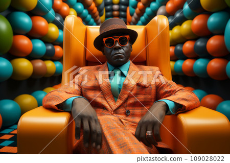 Man of African descent in an orange classic suit, hat, and sunglasses on orange armchair 109028022
