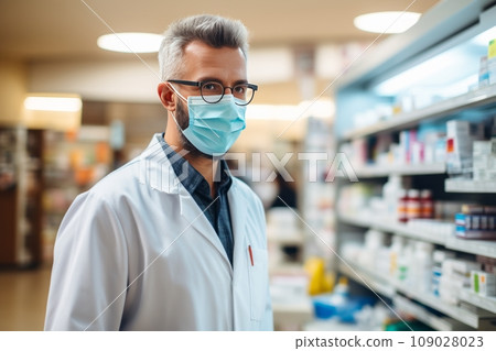 Pharmacist in a medical mask at the medical studio 109028023