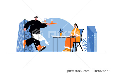 Restaurant web concept with people in flat cartoon design. Waiter carrying tray with drinks to client sitting at table in cafeteria. Vector illustration for social media banner, marketing material. Restaurant web concept with people in flat cartoon design. Waiter carrying tray with drinks to client sitting at table in cafeteria. Vector illustration for social media banner, marketing material. 109028362