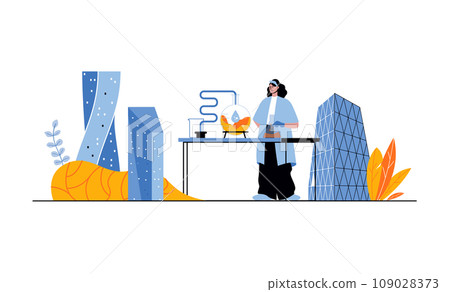 Laboratory web concept with people in flat cartoon design. Woman chemist making scientific research and doing tests in lab equipment. Vector illustration for social media banner, marketing material. Laboratory web concept with people in flat cartoon design. Woman chemist making scientific research and doing tests in lab equipment. Vector illustration for social media banner, marketing material. 109028373