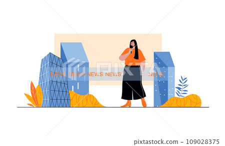 Journalism web concept with people in flat cartoon design. Woman journalist with microphone working in television with breaking news. Vector illustration for social media banner, marketing material. 109028375