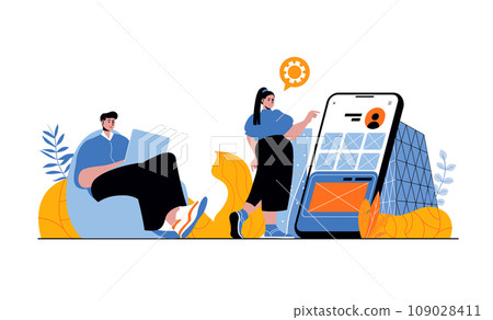 App development web concept with people in flat cartoon design. Man and woman creating and engineering user interface of mobile screen. Vector illustration for social media banner, marketing material. App development web concept with people in flat cartoon design. Man and woman creating and engineering user interface of mobile screen. Vector illustration for social media banner, marketing material. 109028411
