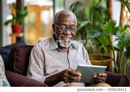 Old man of African descent in a white shirt and glasses, sits on armchair, uses a laptop at home and smiles 109028412
