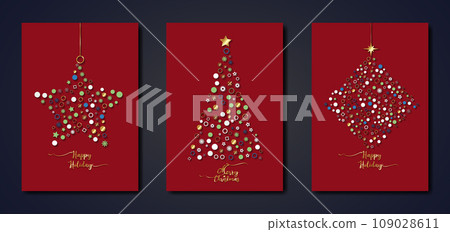 Set red card of Merry Christmas and Happy Holiday, greeting cards, posters, New Year covers. Design templates with typography, season wishes in colorful minimalist style for web, social media, print 109028611