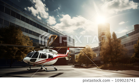 Red helicopter landing on helipad 109028741