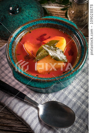 Red borscht soup in bowl. Red borscht soup in bowl. 109028878
