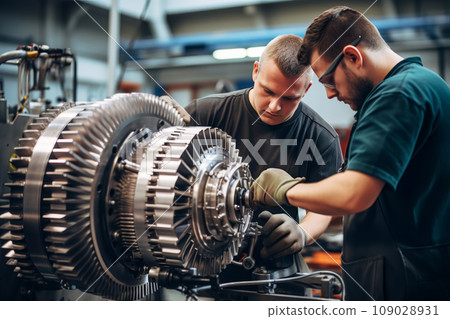 Workers work together on a new type of gas turbine engine Workers work together on a new type of gas turbine engine 109028931