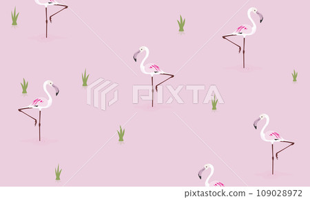 PrinTropical pink flamingo birds and plants, seamless pattern. Repeating print, endless background design in Scandinavian style. Printable flat vector illustrationt PrinTropical pink flamingo birds and plants, seamless pattern. Repeating print, endless background design in Scandinavian style. Printable flat vector illustrationt 109028972