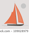 Small sea vessel. Rides on waves. Quiet weather. Cartoon fun style. Flat design. Vector	 109028979