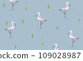 Tropical pink flamingo birds and plants, seamless pattern. Repeating print, endless blue background design in Scandinavian style. Printable flat vector illustration 109028987